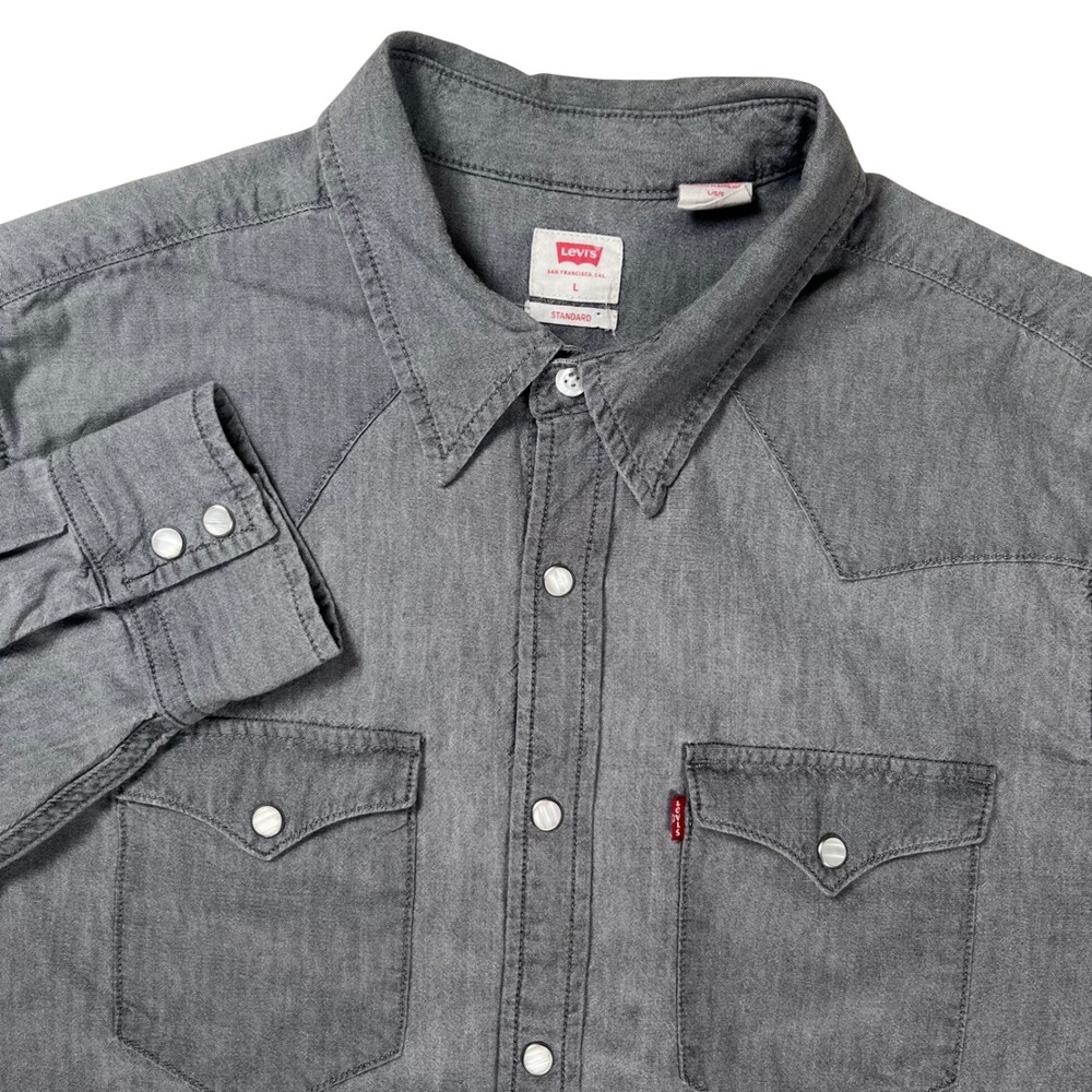 Levis Western Shirt Men Large Gray Long Sleeve Snap Button Chambray Cowboy Rodeo